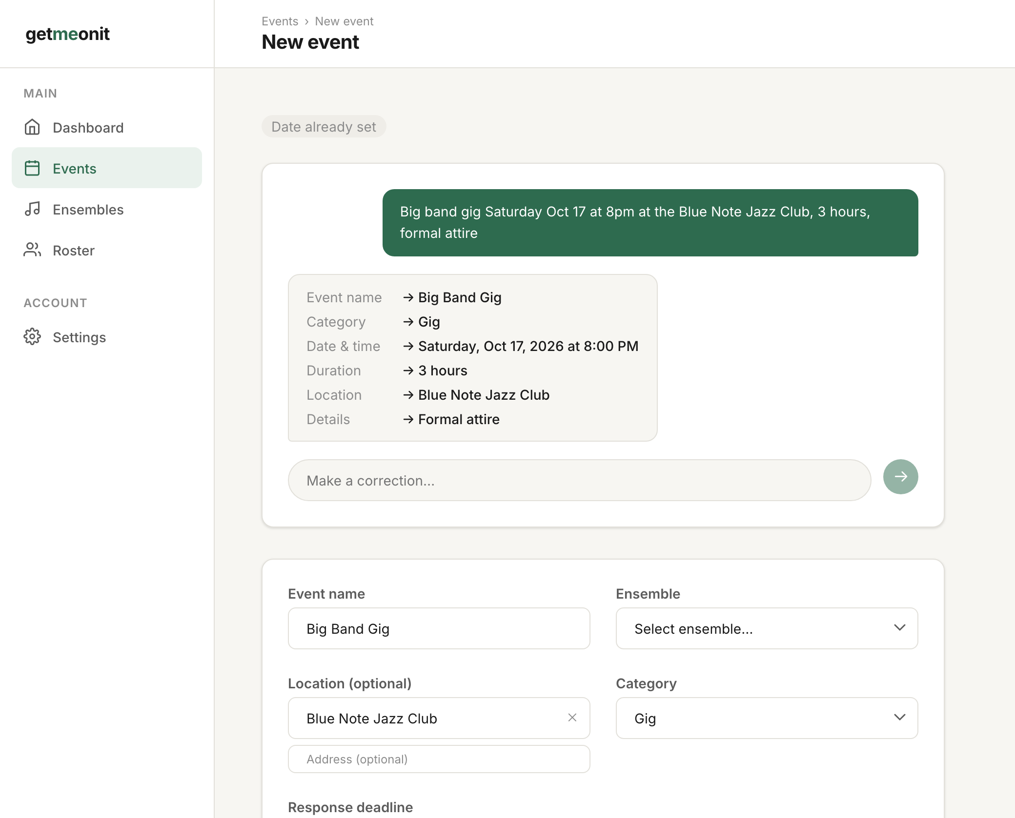A plain-language event description automatically filling in the event name, date, location, and details fields
