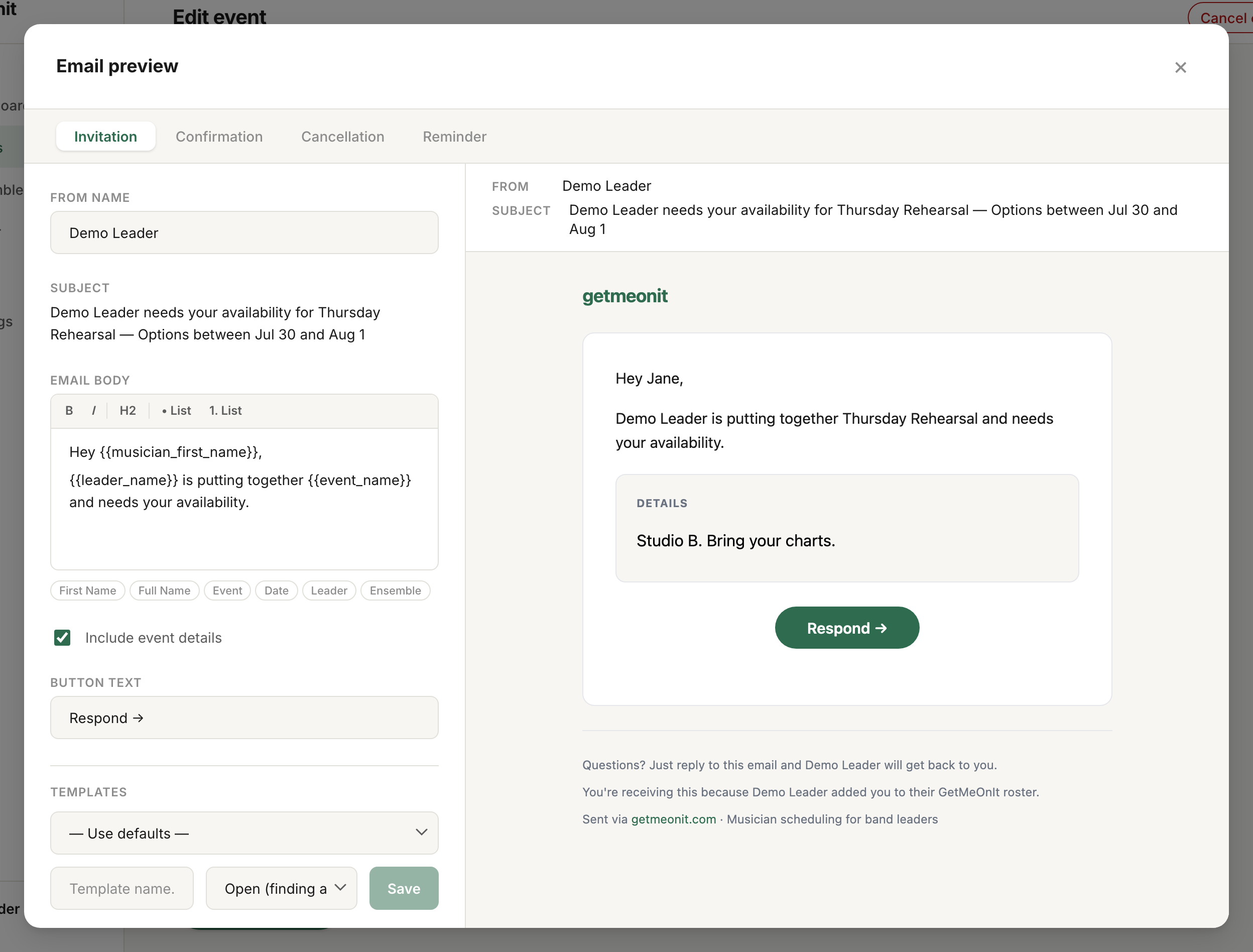 Email editor with a live preview of the invitation email