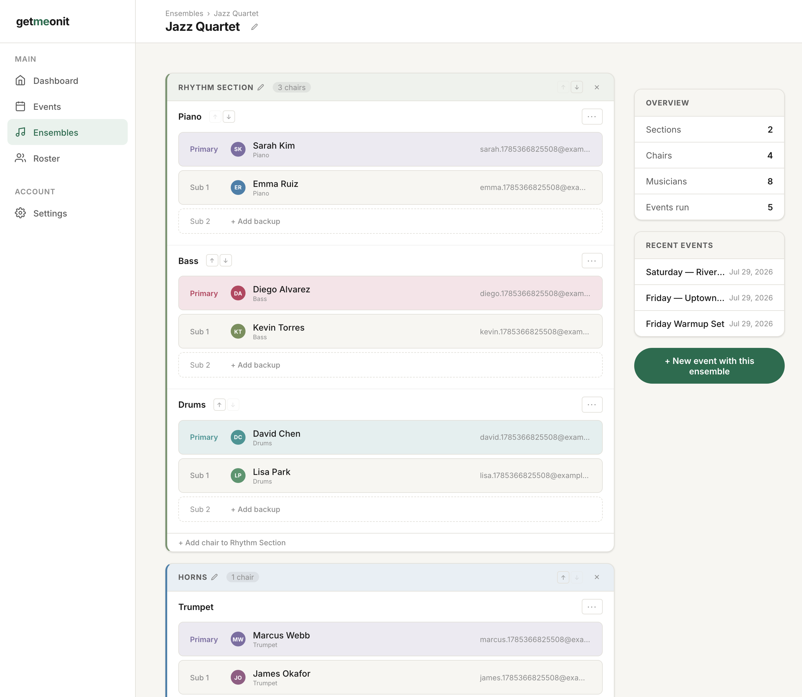 Ensemble editor showing sections and chairs with primary and sub musicians