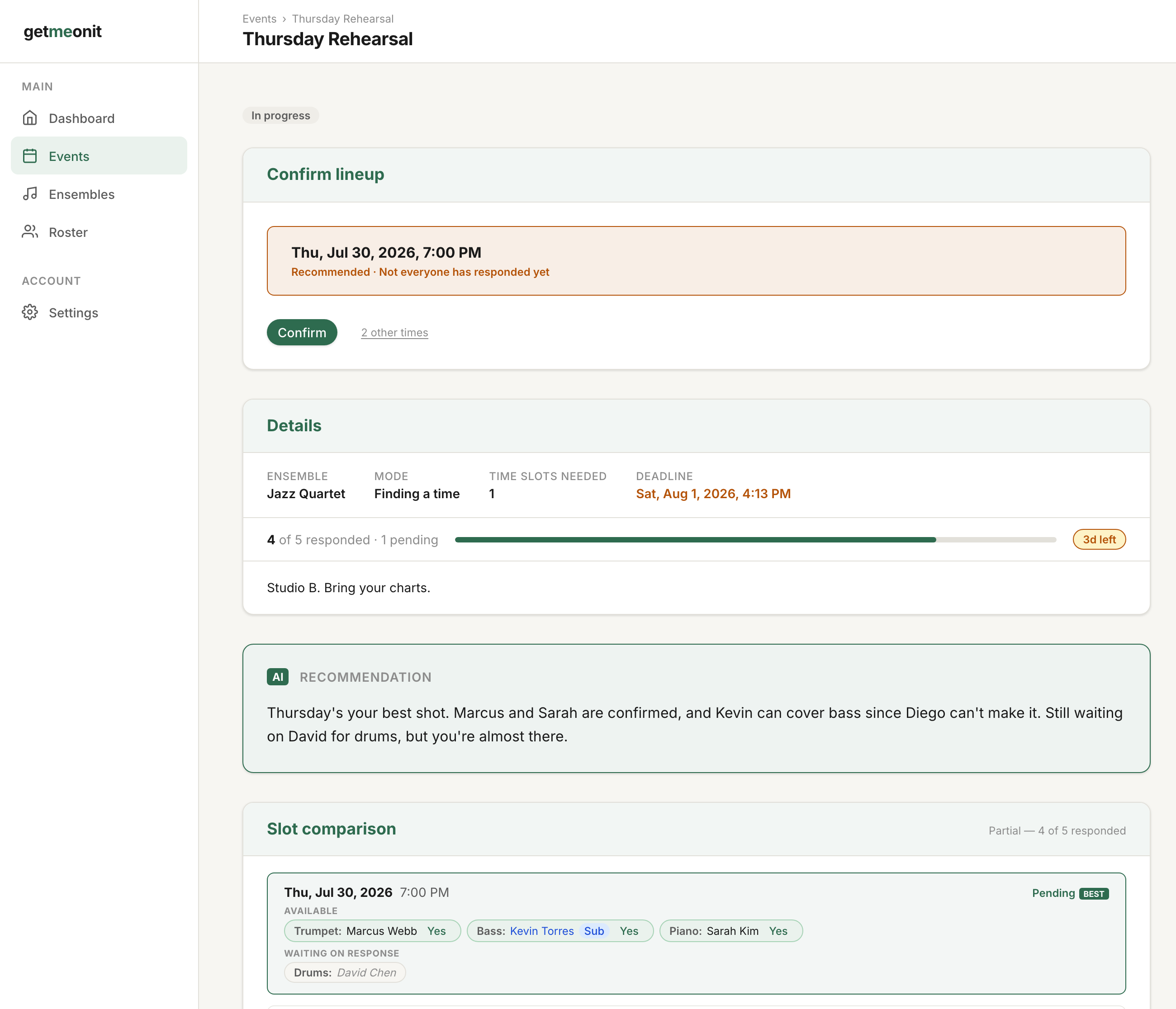 A finding-a-time event showing slot comparison with a recommended best time