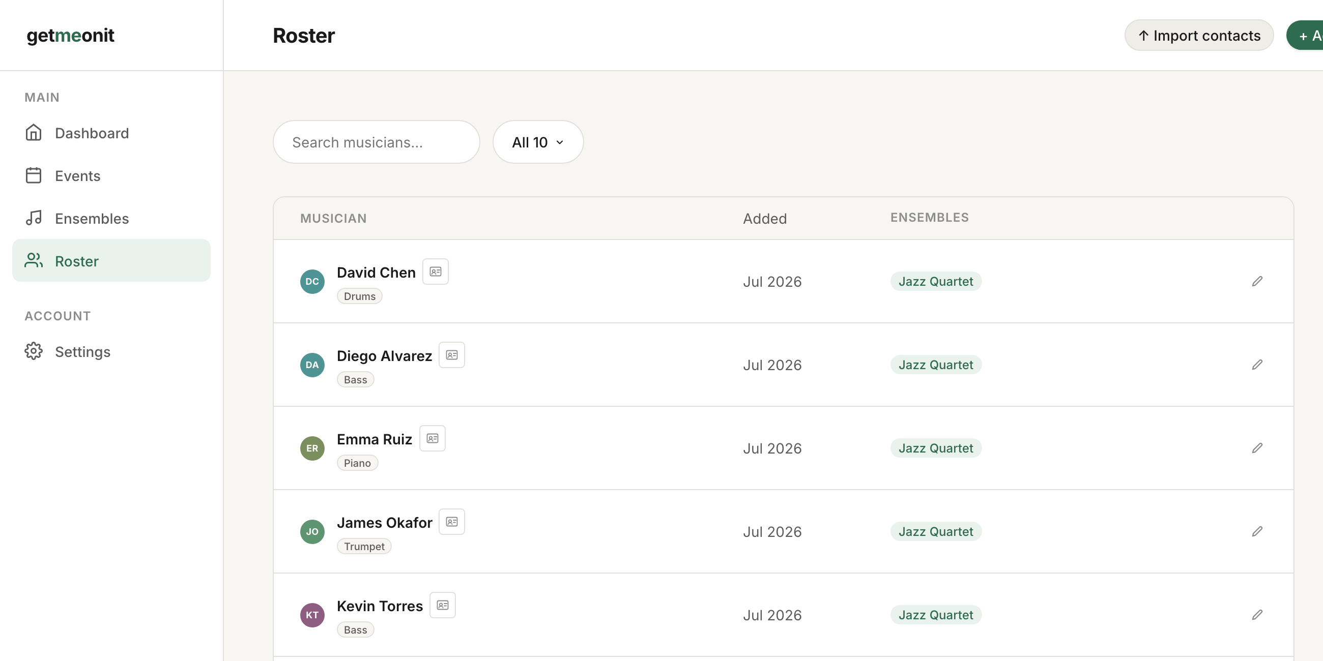 Roster page listing musicians with their instruments and ensembles