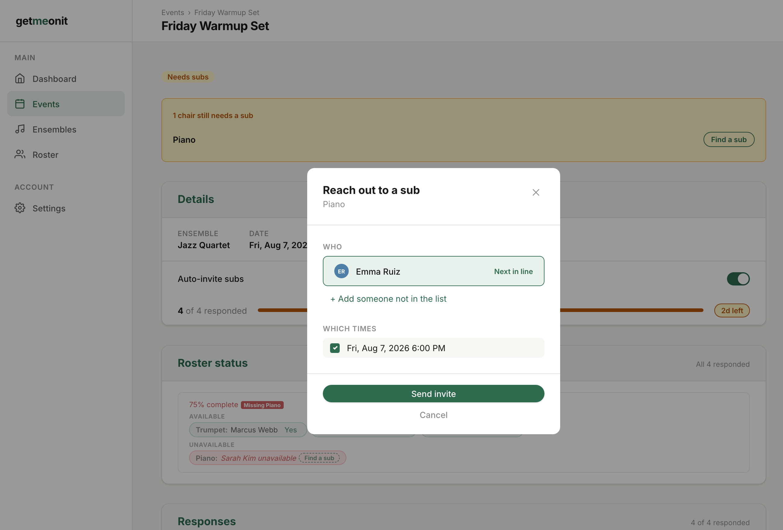 A modal for reaching out to the next ranked sub candidate